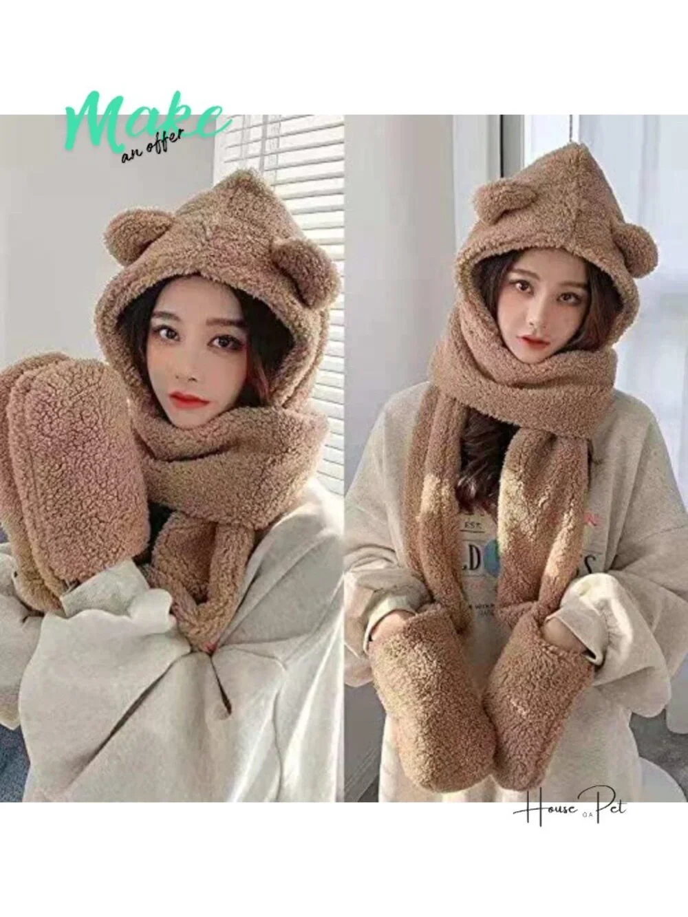 Plush Hooded Hat Long Scarf Gloves Set Bear Ear Winter Warm Accessories